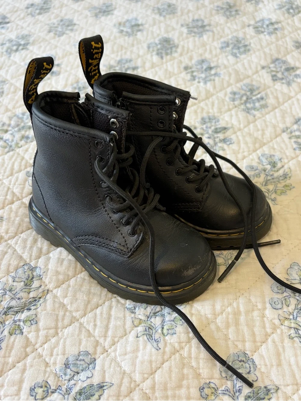 Dr. Martens Black Leather Lace-Up Boots with Yellow Pull Loop